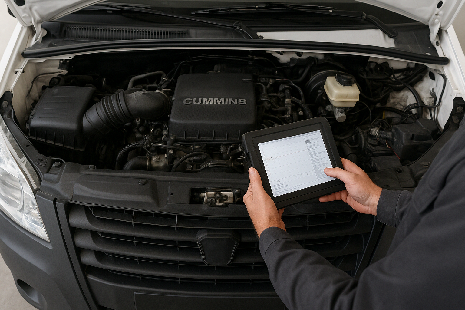 Изображение рук механика возле двигателя Cummins на ГАЗель NEXT