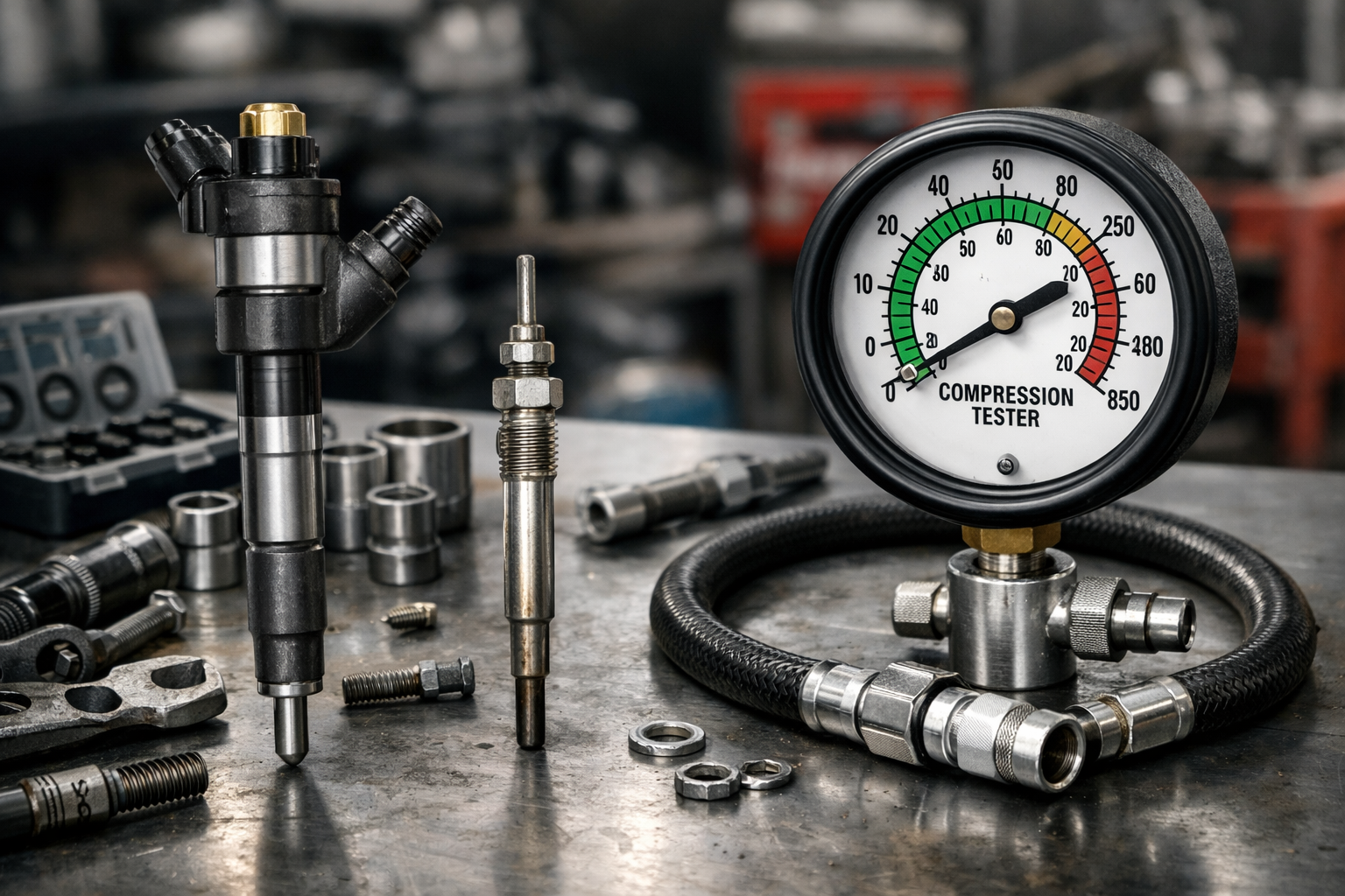 Фото компрессионного тестера и топливной форсунки на рабочем столе автосервиса
