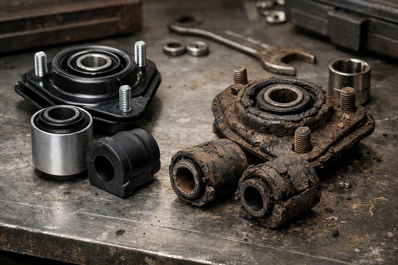 Изображение новых и сильно изношенных опор амортизатора и сайлентблоков подвески