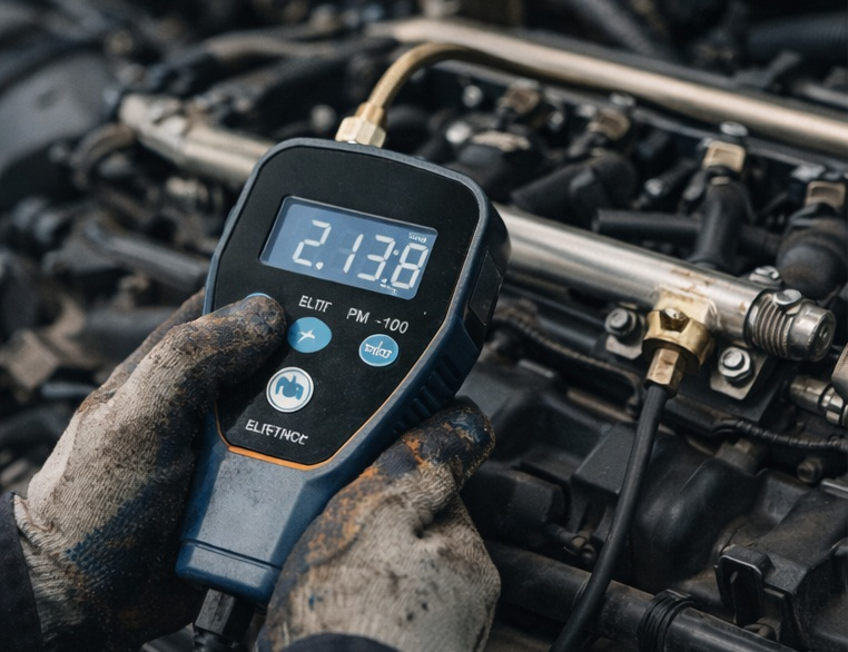 Фото измерения давления топлива в рампе двигателя с помощью диагностического прибора